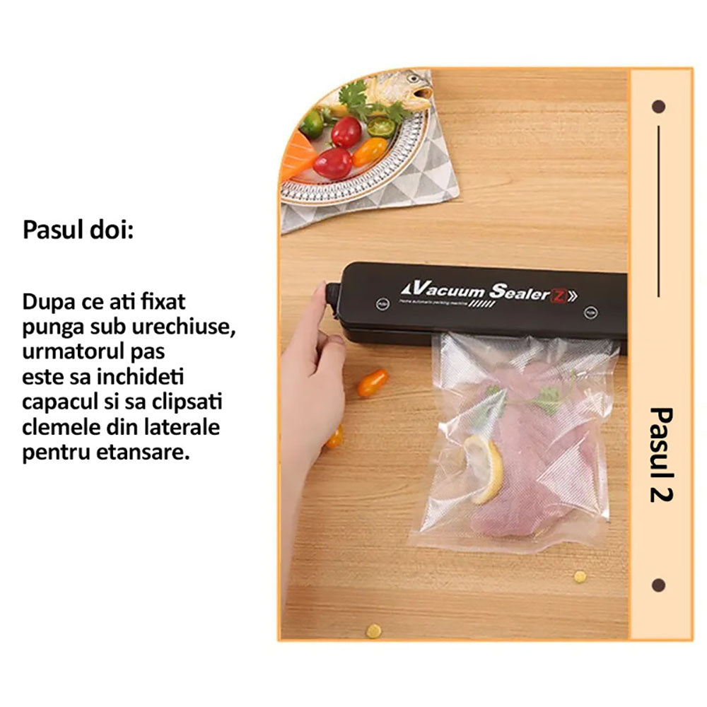 Aparat de vidat si sigilat cu vacuum, NEXTLY, pentru carne, legume, fructe, include 5 pungi pentru vidat, pastreaza prospetimea, negru